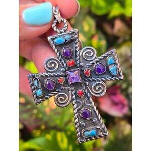 Vintage Esperanza Mexican 925 Sterling Silver Multi Gemstone 3" Cross Pendant